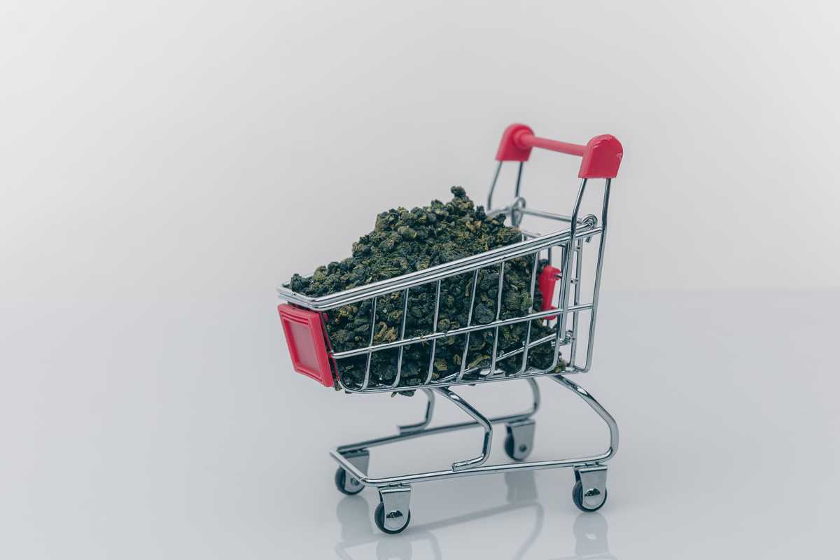 Cannabis flower bud in a shopping cart